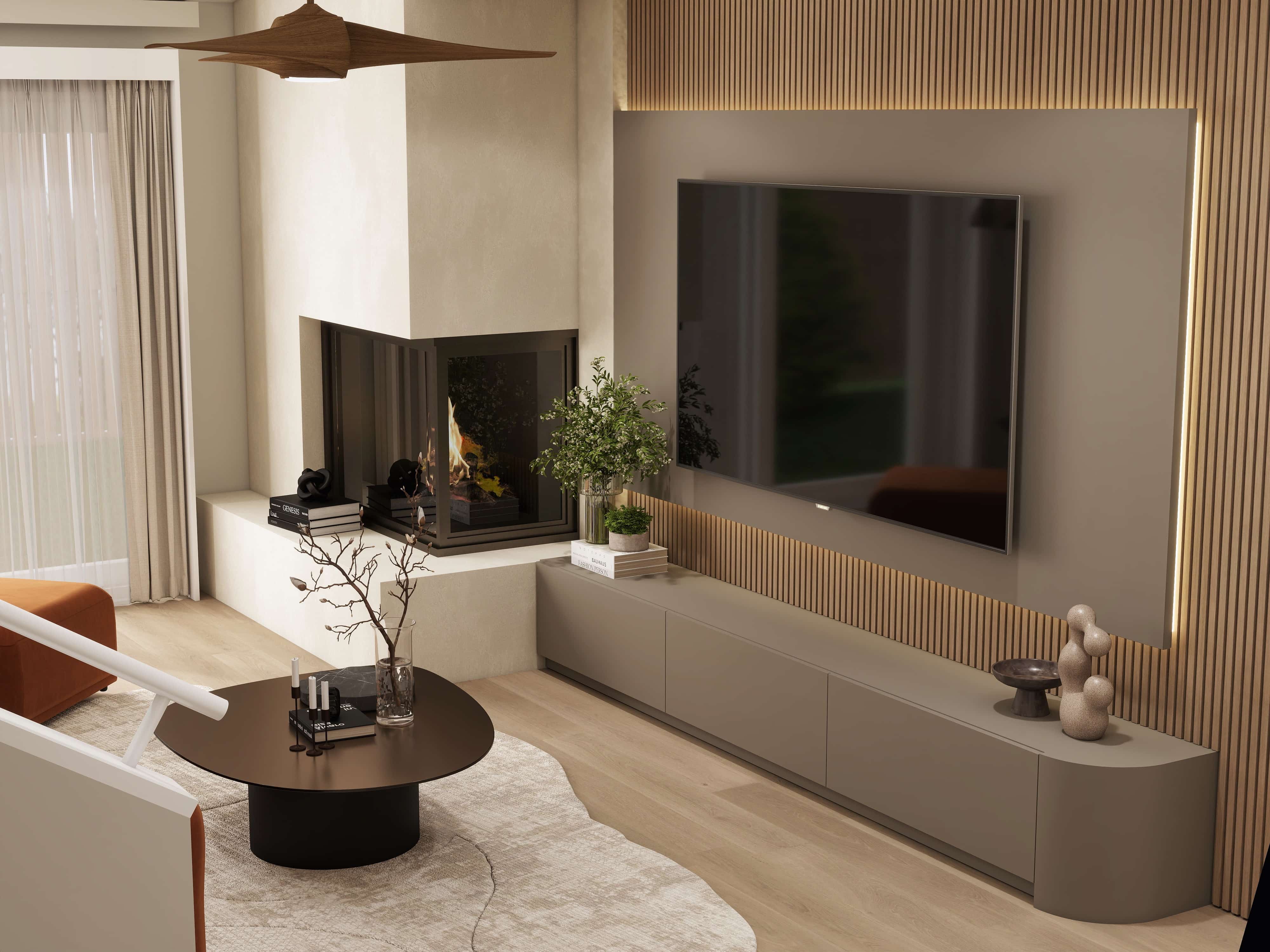 3D render of a TV room with a corner gas fireplace, plaster chimney, fluted oak media wall and taupe console, Pasadena home