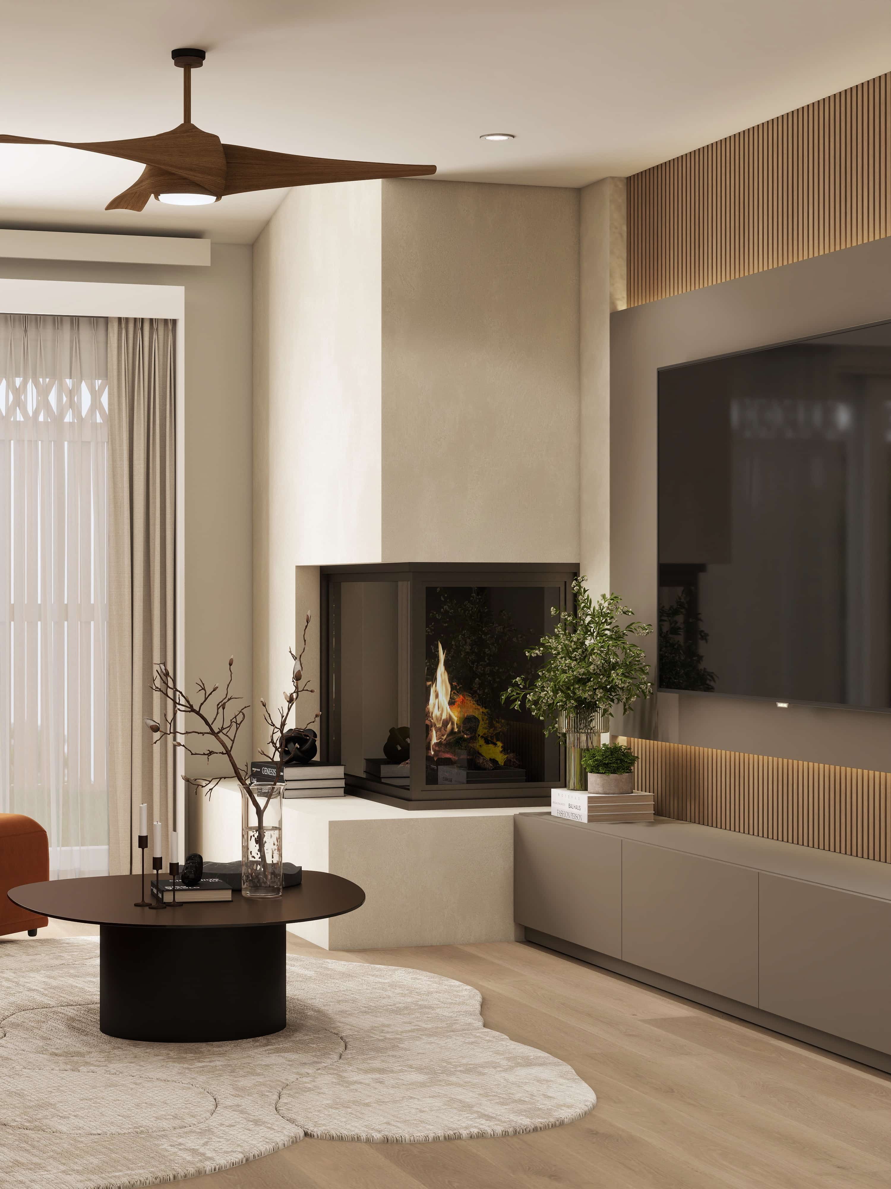 3D rendering of a corner fireplace and media wall with low taupe cabinetry and a round black coffee table, warm modern Pasadena interior