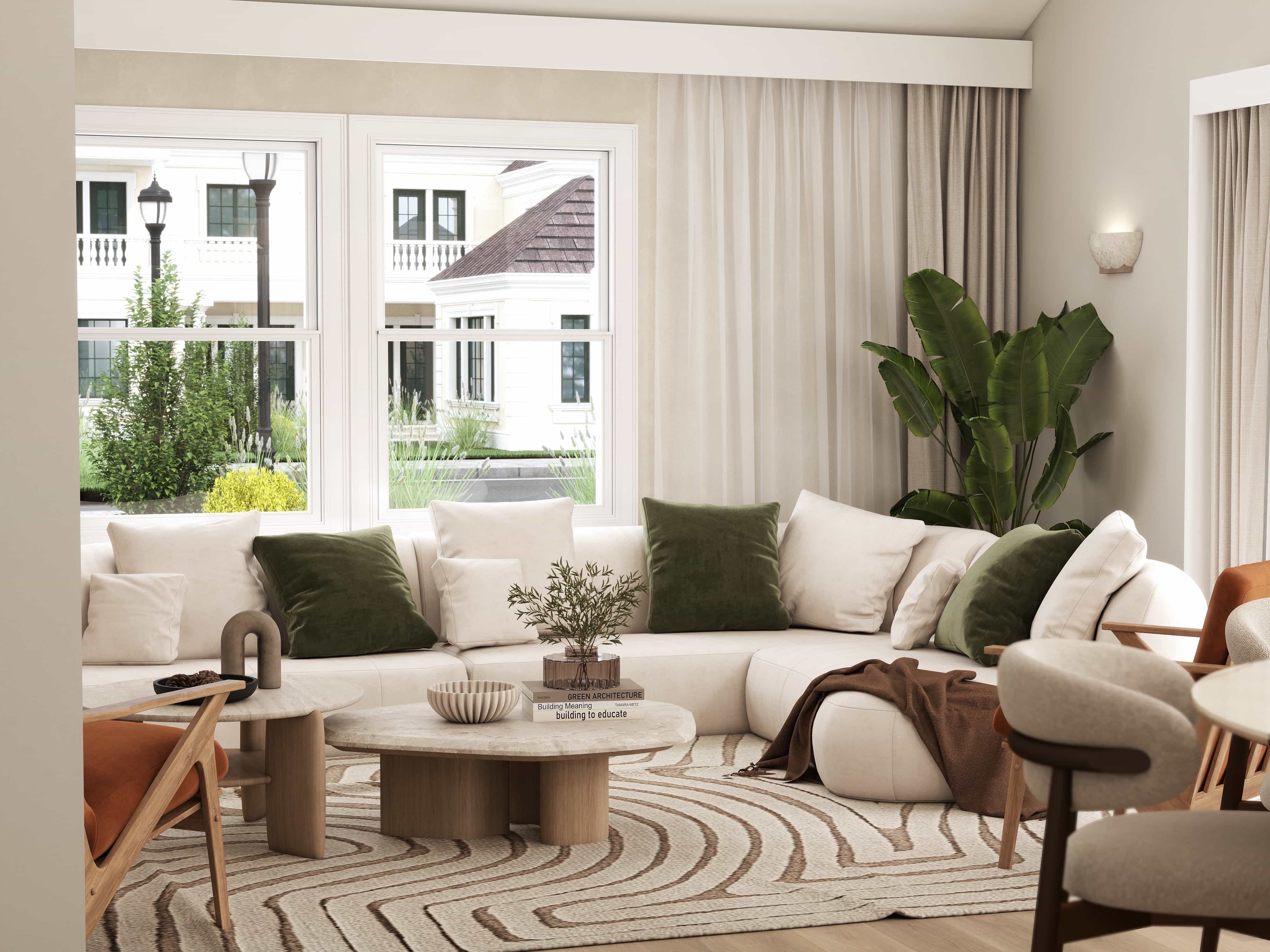 Indian culture inspired interior design 3D render USA warm organic modern living room dining bedroom fireplace travertine oak linen terracotta Studio 5