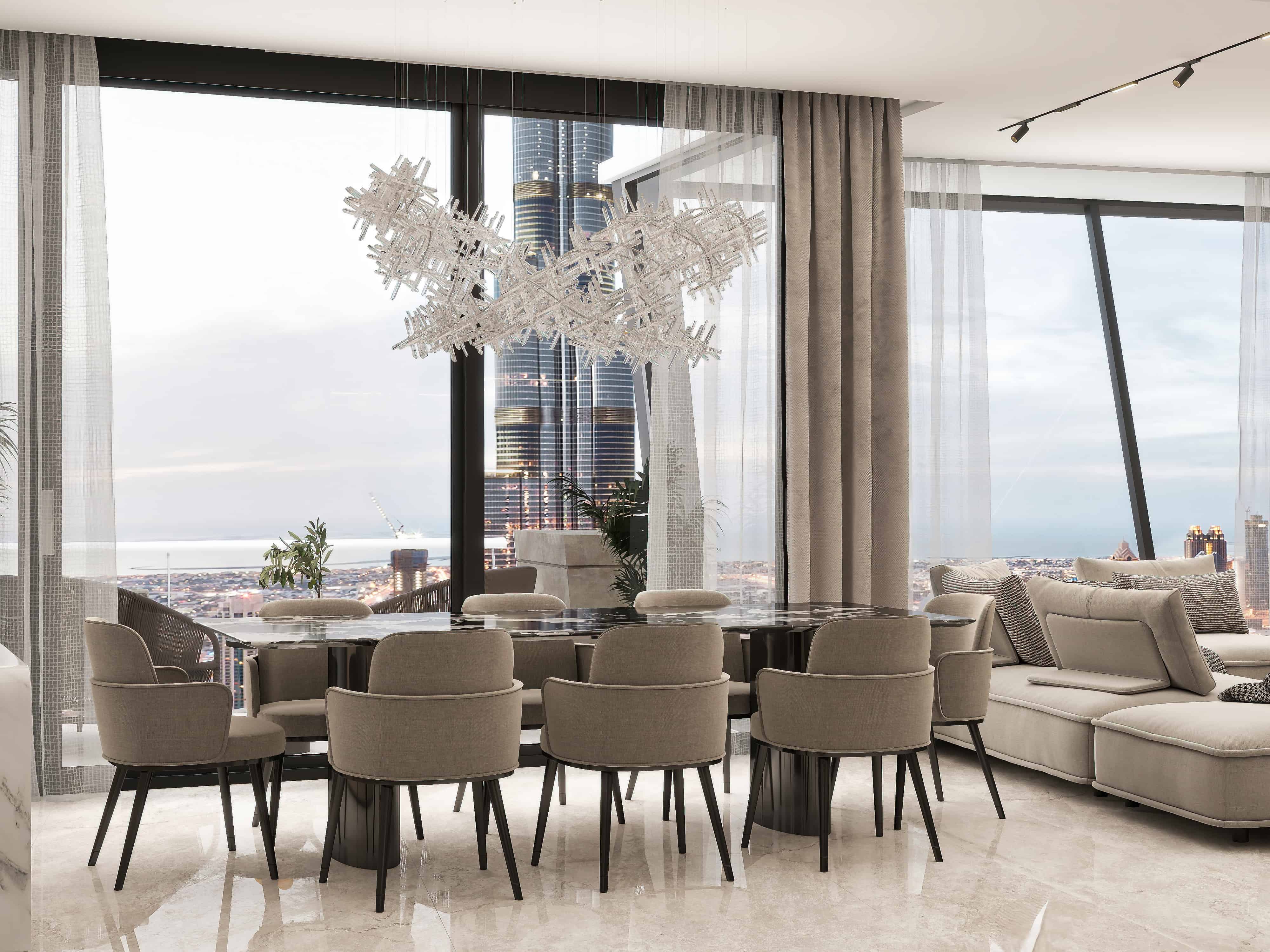 Day — Luxury high-rise condo interior design 3D render Dubai Burj Al Arab view contemporary glam travertine marble stone open plan bedroom bathroom living dining Studio 5