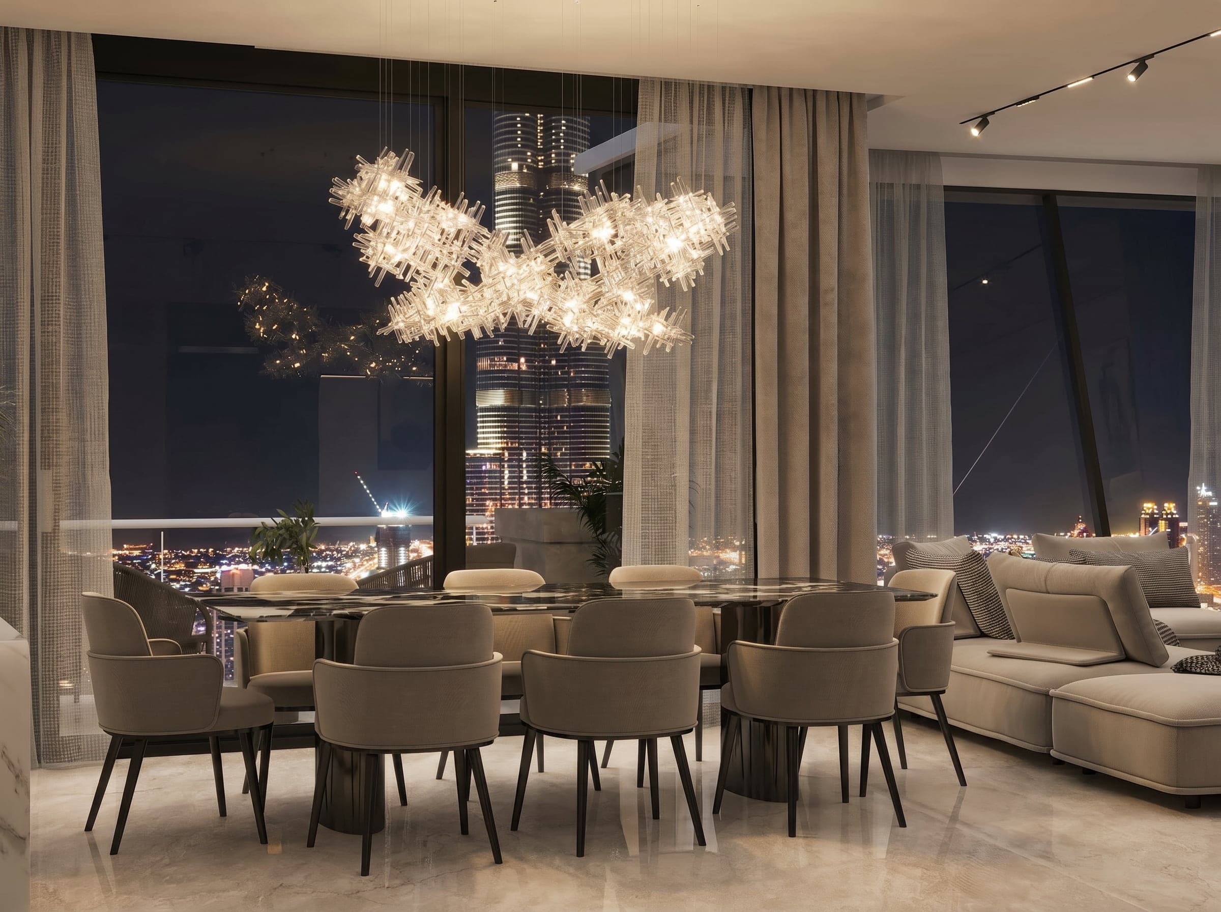 Night — Luxury high-rise condo interior design 3D render Dubai Burj Al Arab view contemporary glam travertine marble stone open plan bedroom bathroom living dining Studio 5