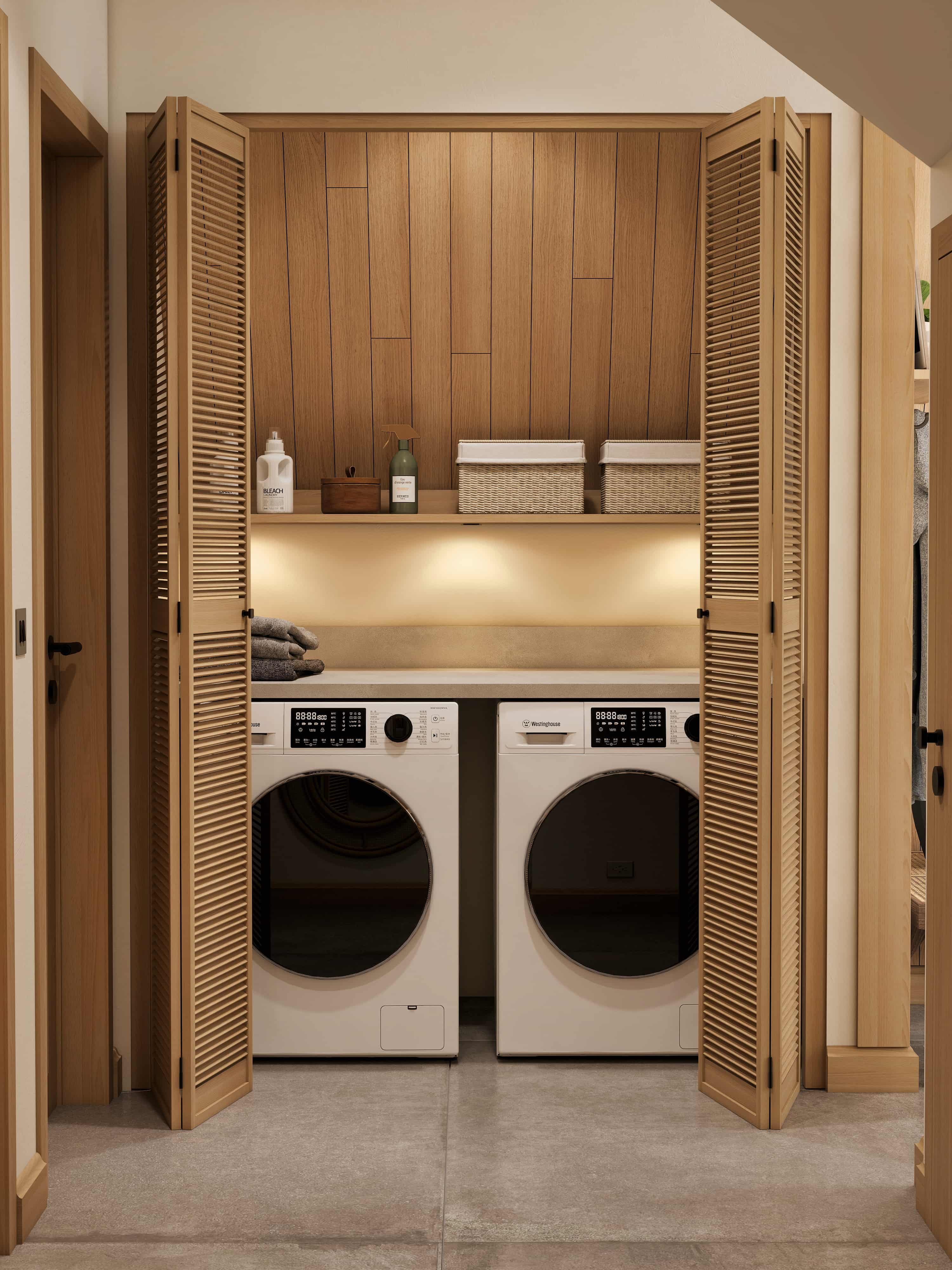 Night — A-frame cabin interior design 3D render Muskoka Canada Scandinavian Nordic light oak wood vaulted ceiling loft bedroom kids room laundry cozy warm cottage Studio 5