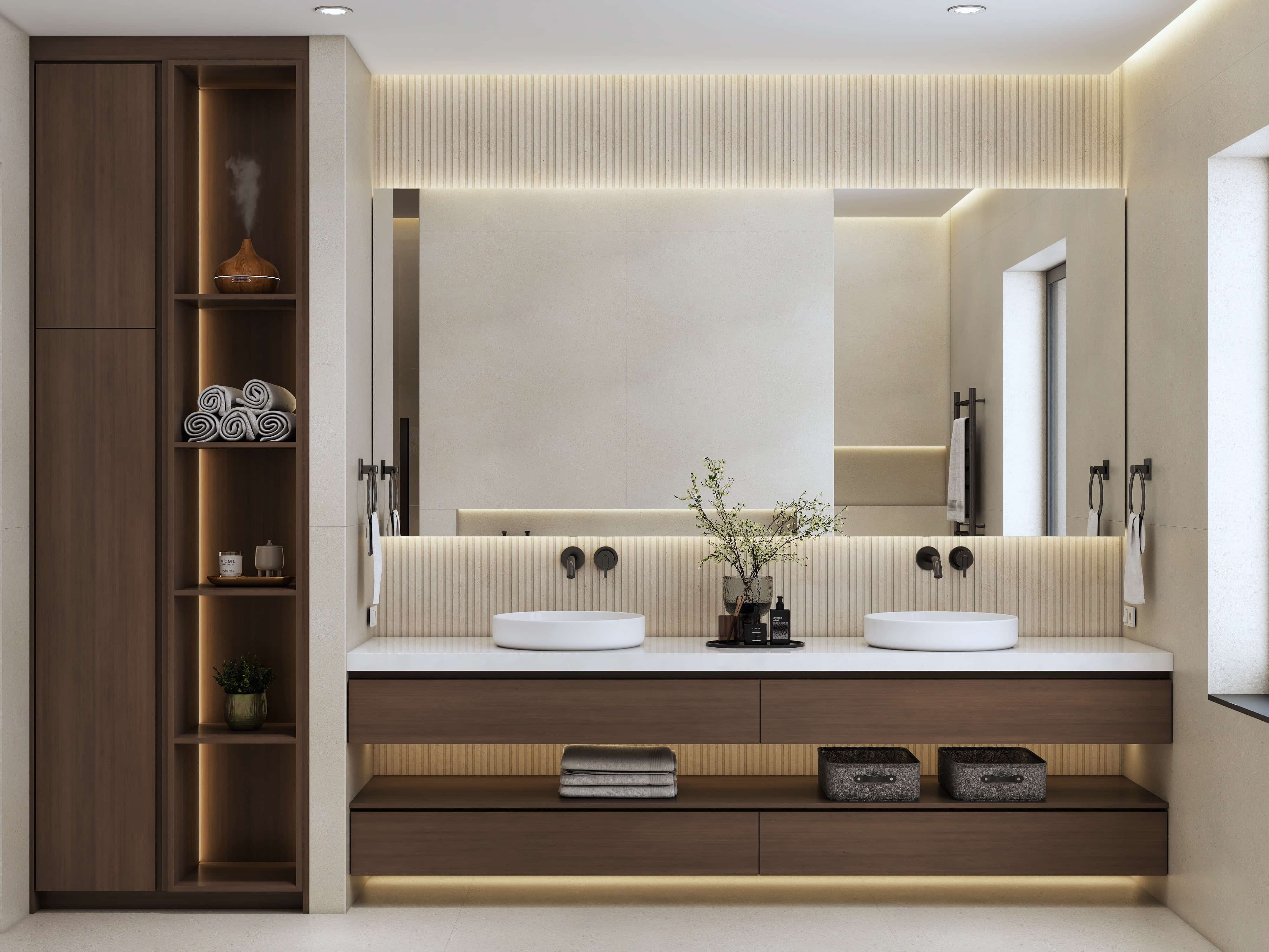 Day — Photorealistic master bathroom 3D rendering in Texas. Warm minimalist design, walnut vanity, day and night visualization by Studio 5.