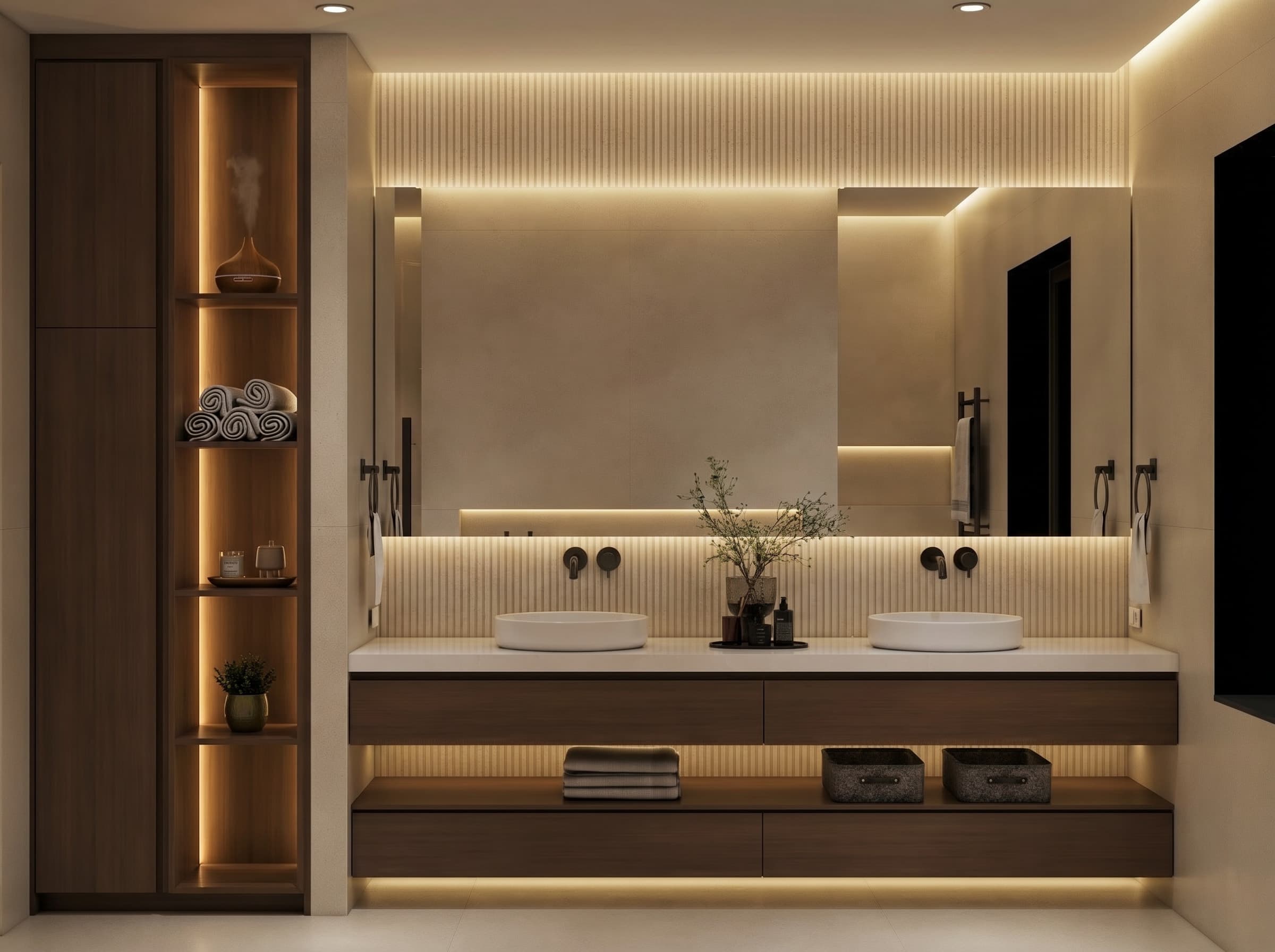 Night — Photorealistic master bathroom 3D rendering in Texas. Warm minimalist design, walnut vanity, day and night visualization by Studio 5.