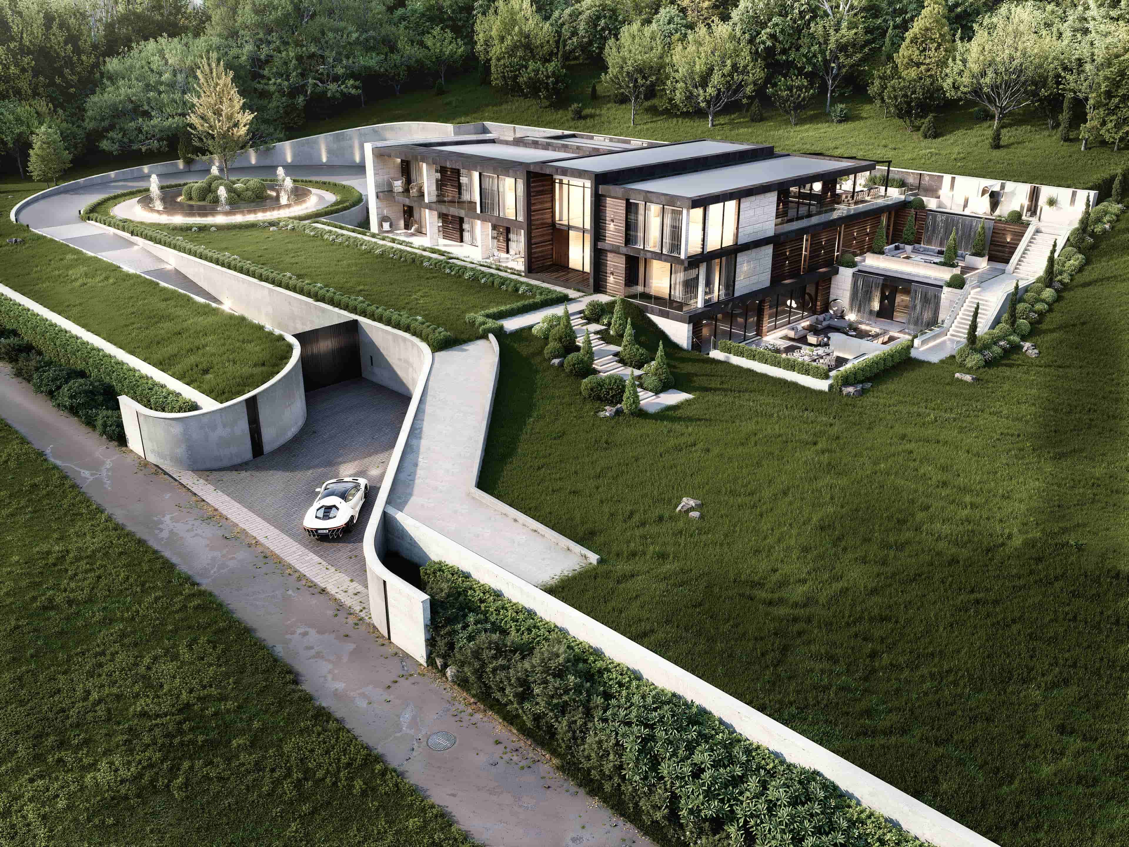 Aerial 3D architectural visualization of a modern country estate near Nottingham, UK, with a sunken curved driveway, garage and landscaped lawns