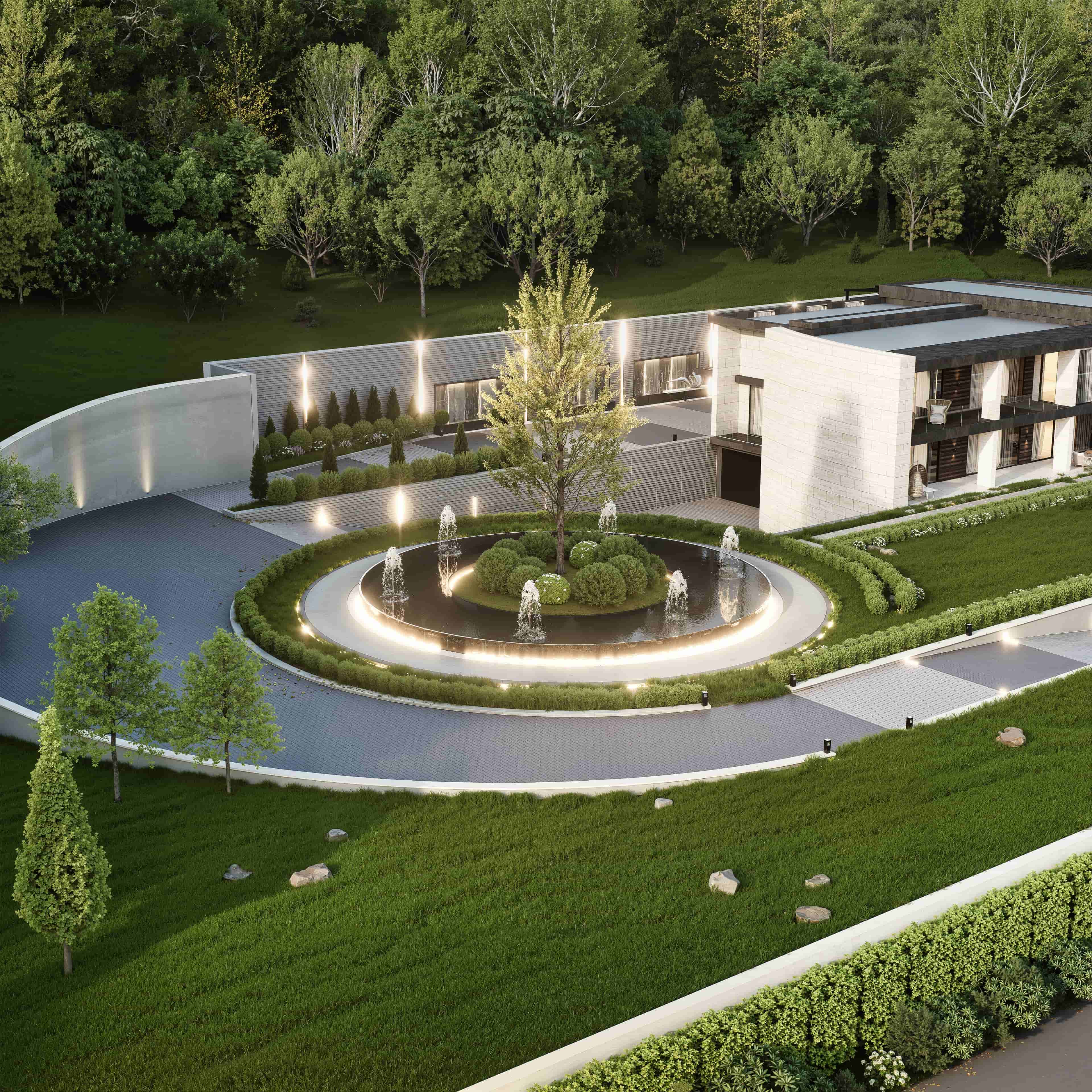 3D rendering of a circular entrance court with an illuminated fountain and specimen tree in front of a stone-clad modern house, Nottingham, UK