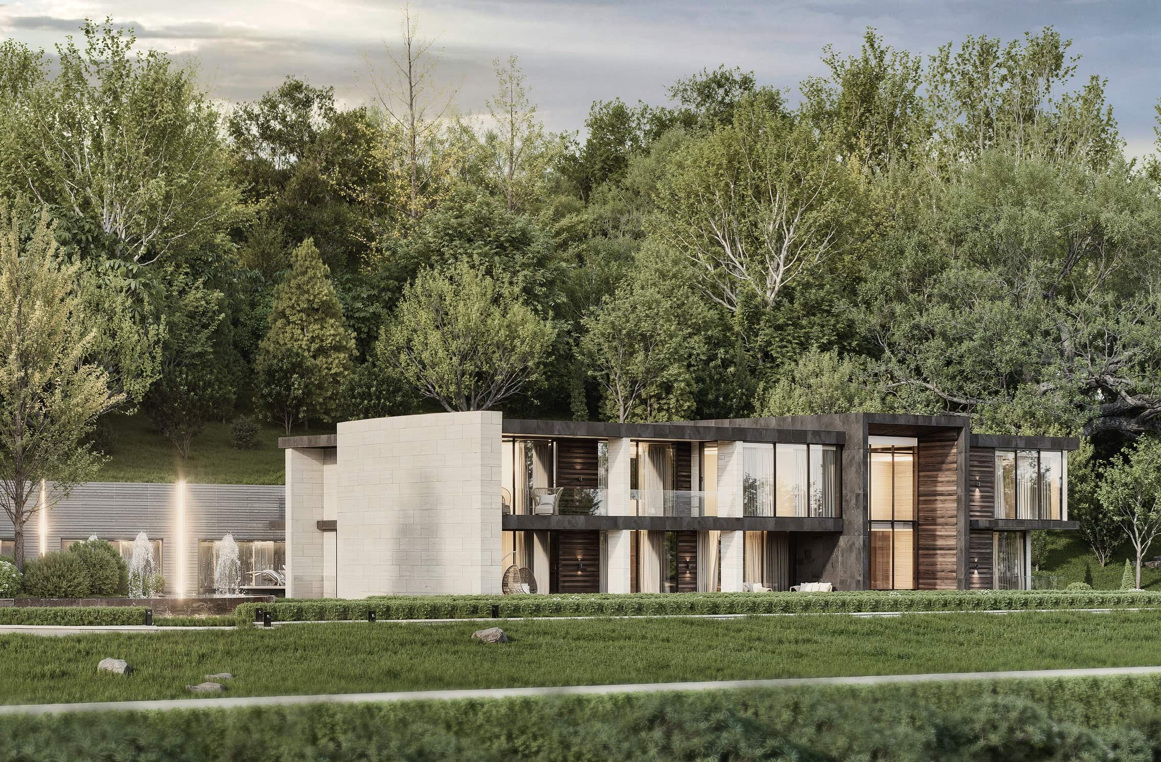 Exterior architectural visualization of a low modern stone and timber facade across a wide lawn at dusk, Spoonley Gate, Nottingham