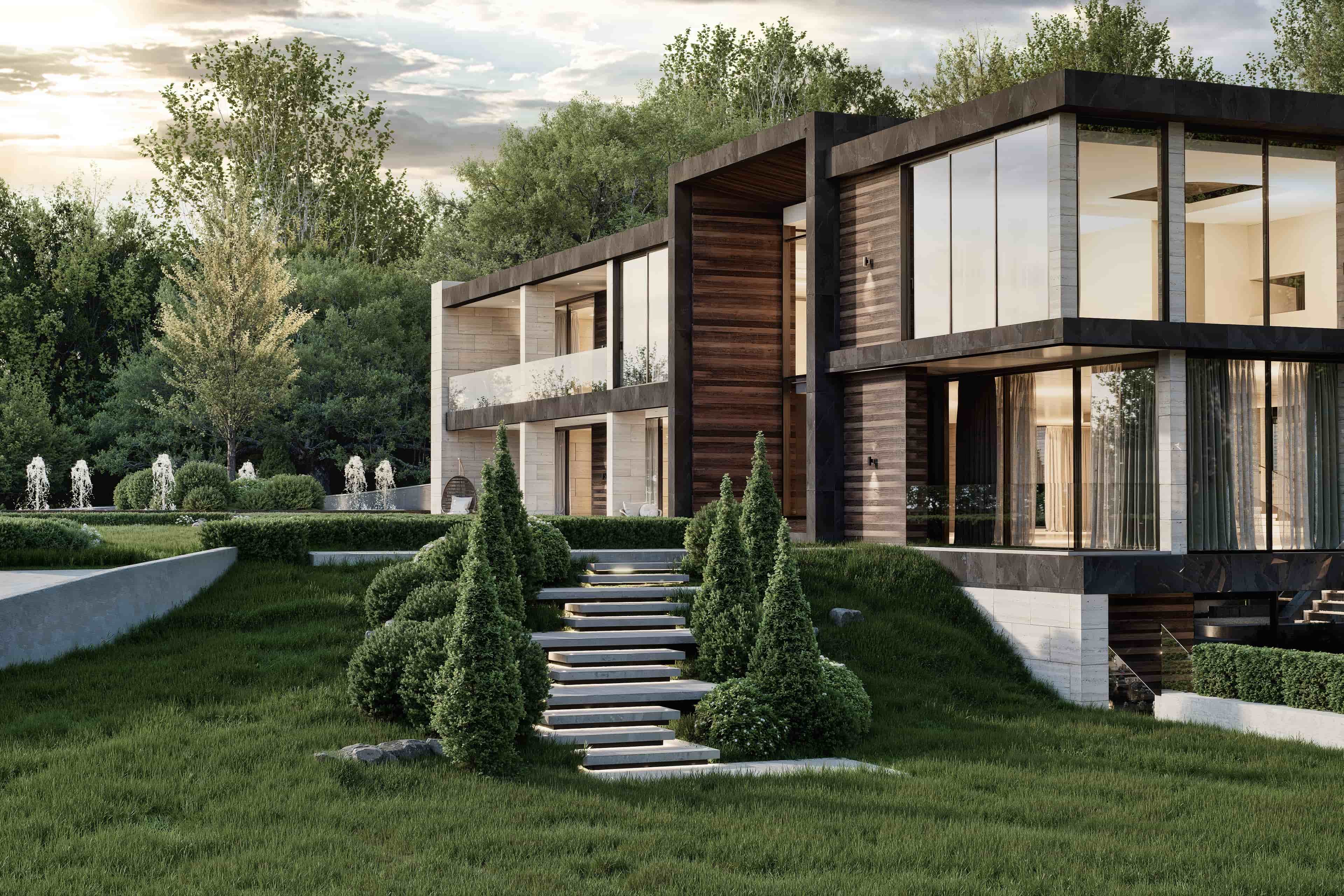 3D render of floating stone garden steps between clipped conifers leading to a glazed timber-clad wing, luxury home in Nottingham, UK