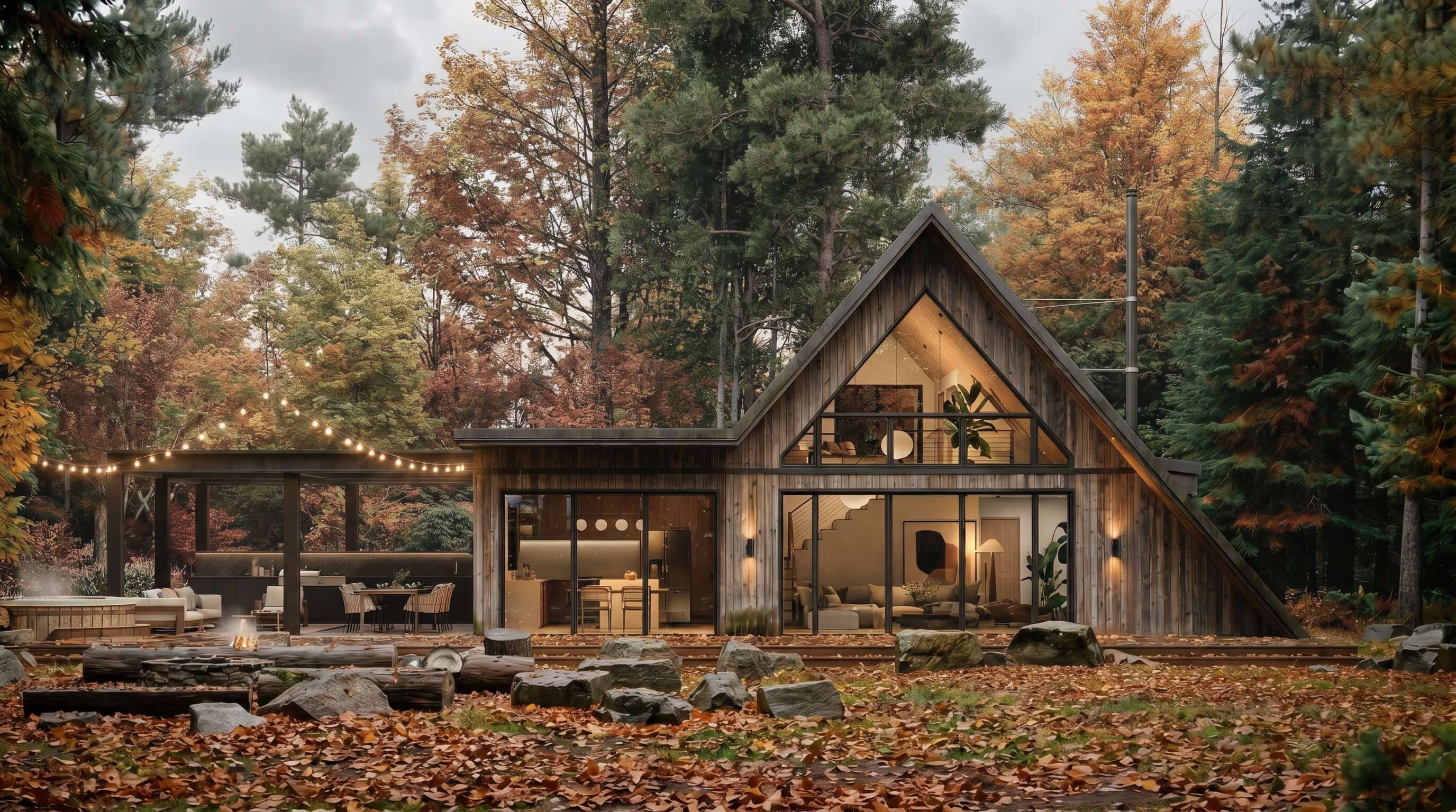 photorealistic architectural 3d rendering visualization a frame cabin in the woods canada ontario exterior design cgi