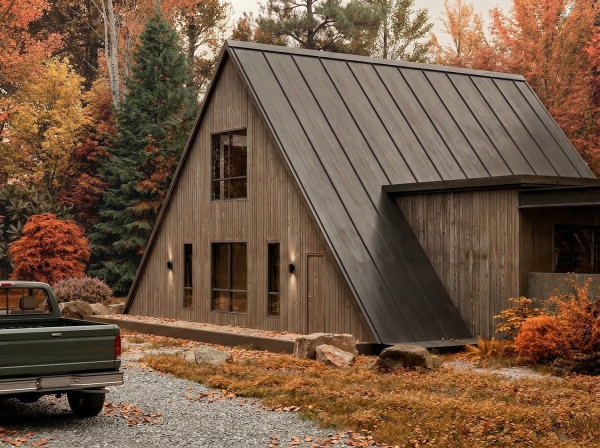 photorealistic architectural 3d rendering visualization a frame cabin in the woods canada ontario exterior design cgi gravel driveway