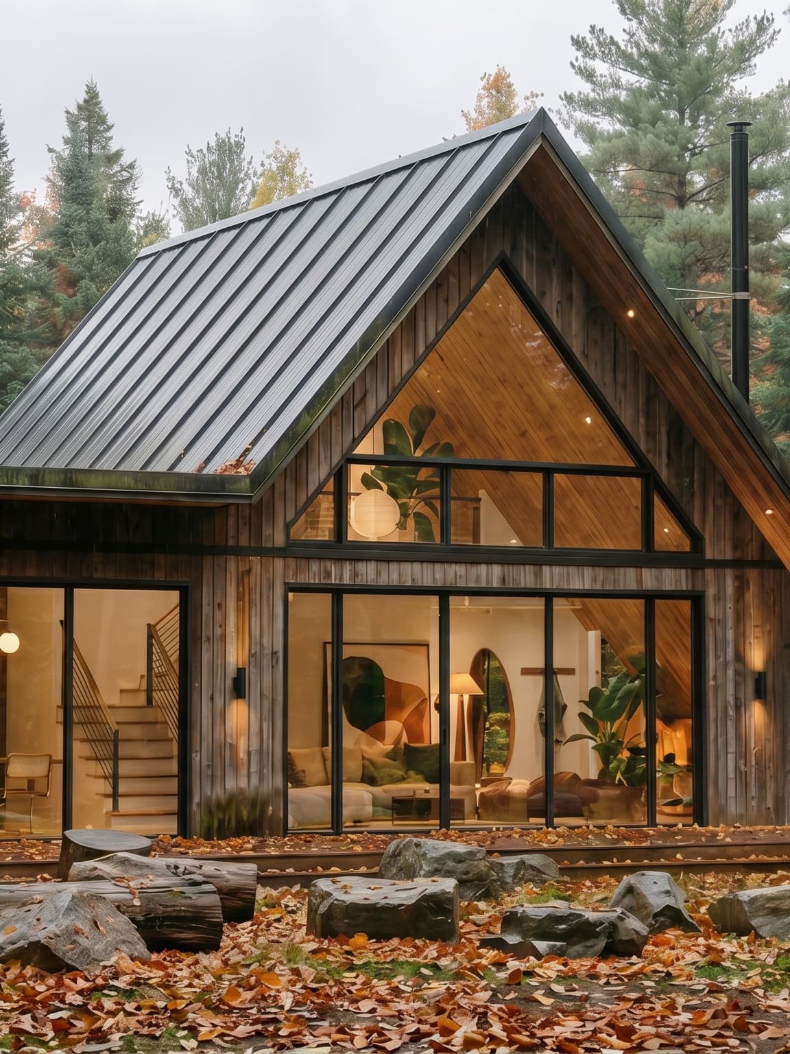 photorealistic architectural 3d rendering visualization a frame cabin in the woods canada ontario exterior design cgi