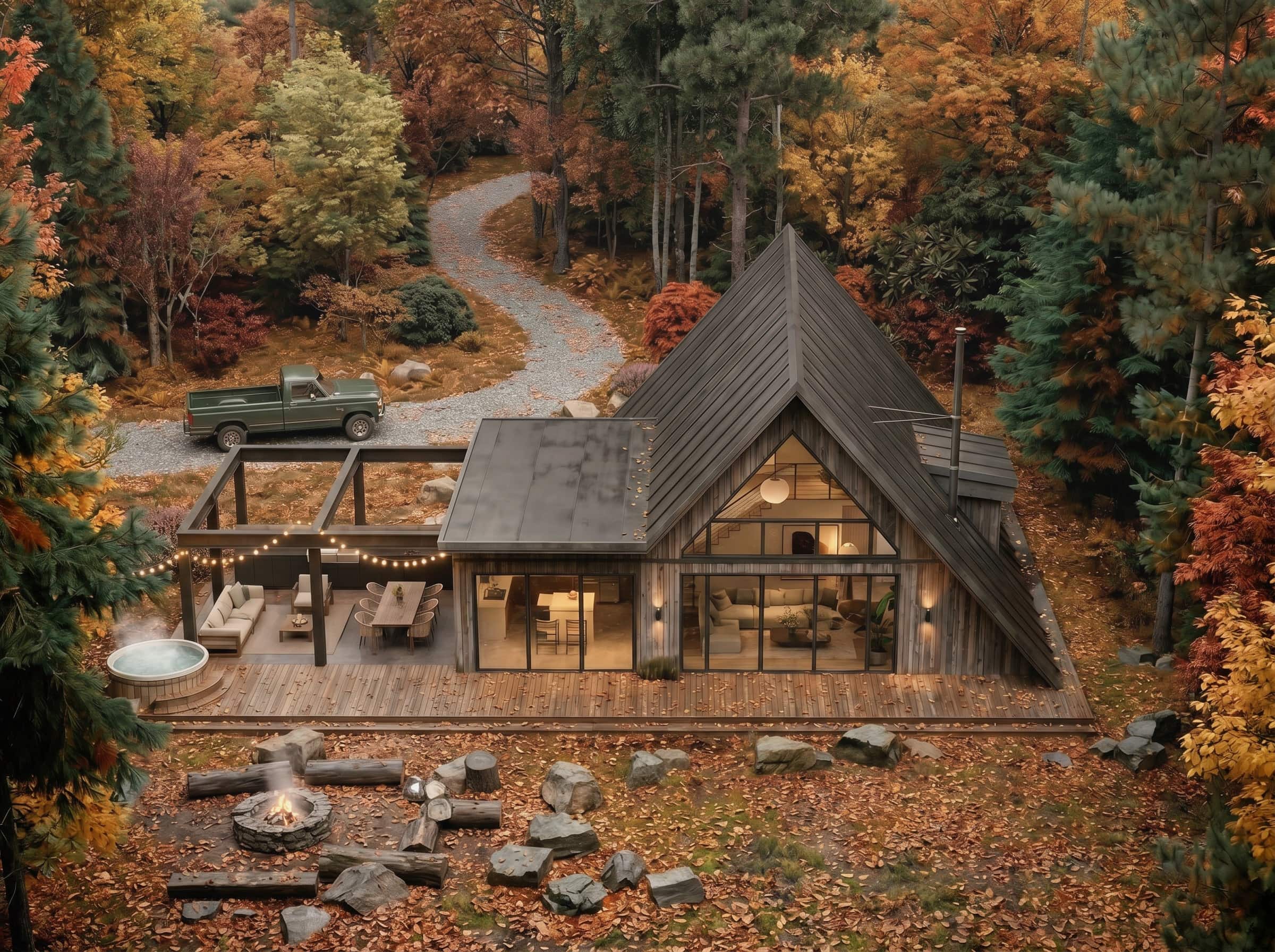 aerial shot photorealistic architectural 3d rendering visualization a frame cabin in the woods canada ontario exterior design cgi