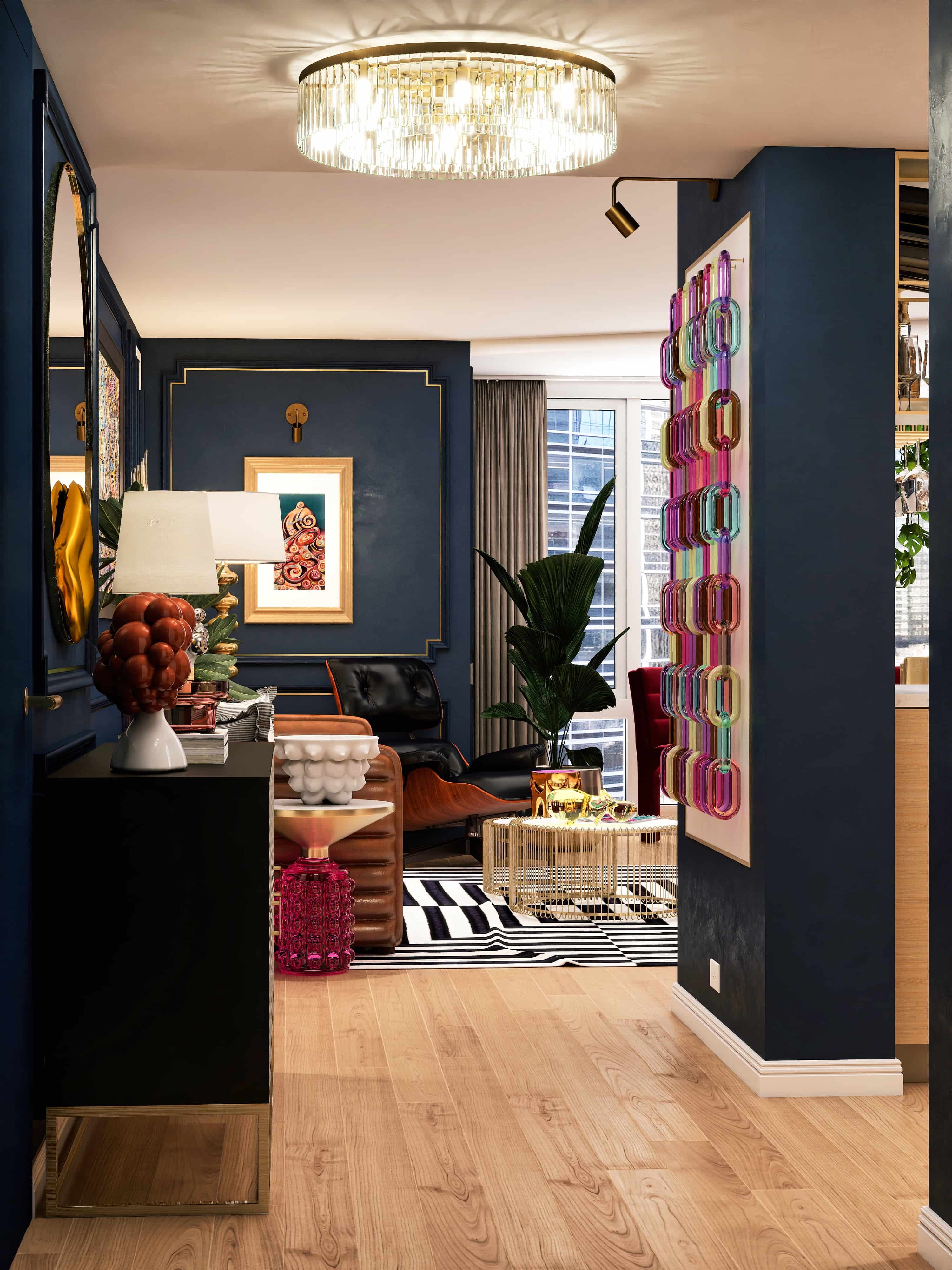 3D rendering of an apartment entry hall with crystal flush chandelier, navy walls and colorful pop art leading into the living room, San Francisco