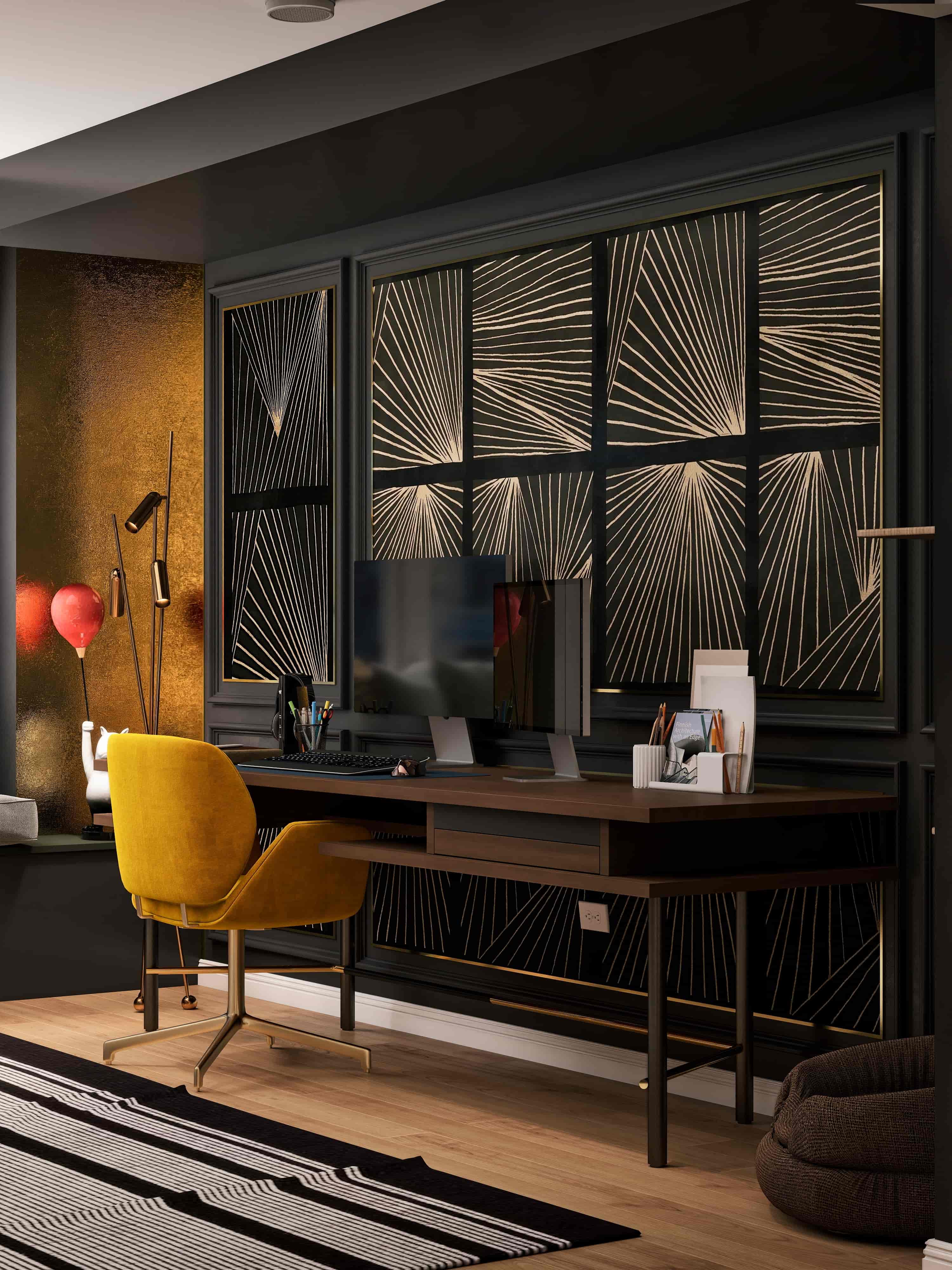 3D render of a dark home office with sunburst gold wall panels, walnut desk and mustard velvet chair, eclectic San Francisco apartment