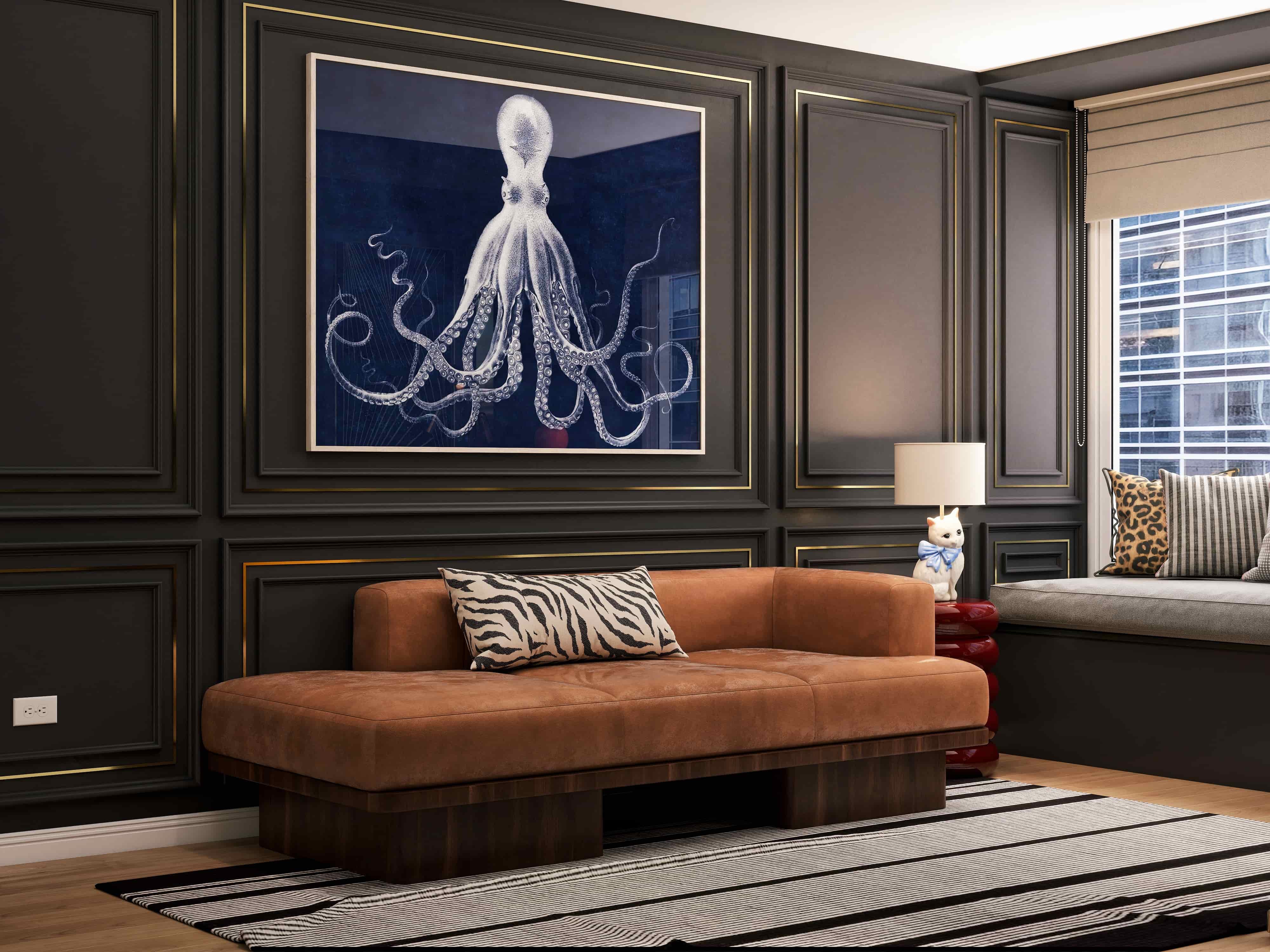 3D rendering of a charcoal panelled den with a cognac velvet daybed, zebra cushion and octopus art print, San Francisco apartment