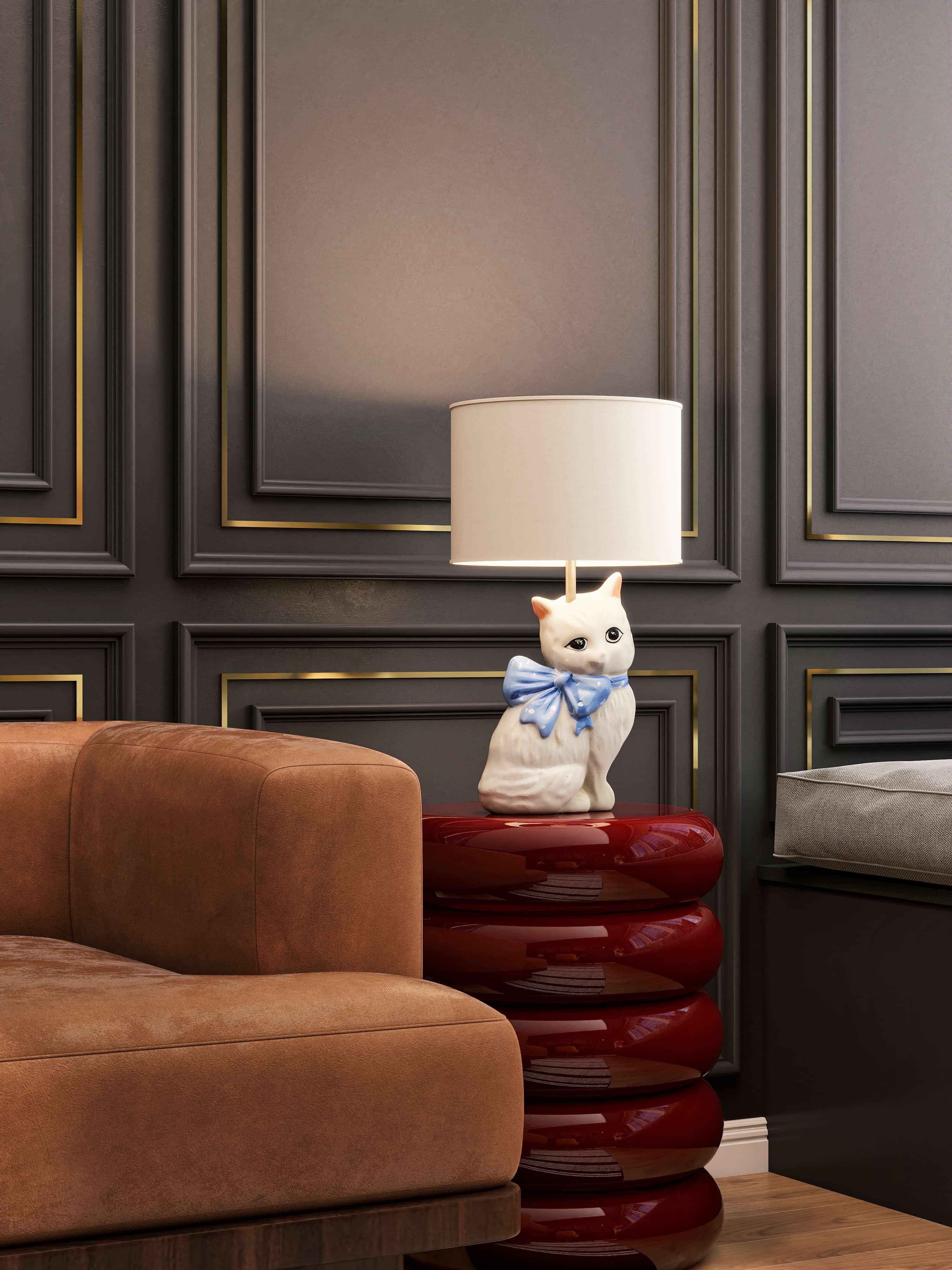 3D render detail of a cognac velvet sofa beside a red lacquered side table and porcelain cat lamp, maximalist San Francisco interior