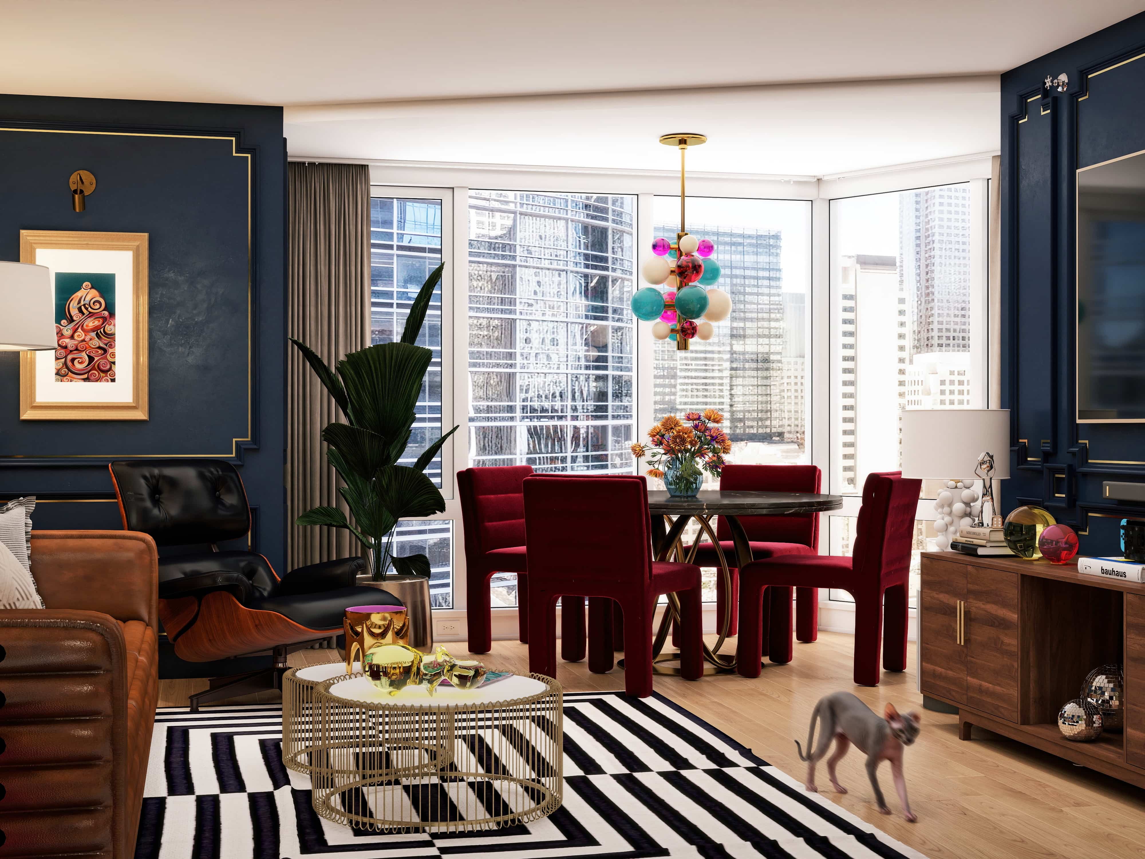 3D render of an eclectic San Francisco apartment living and dining room with navy panelled walls, red velvet chairs and a black and white striped rug