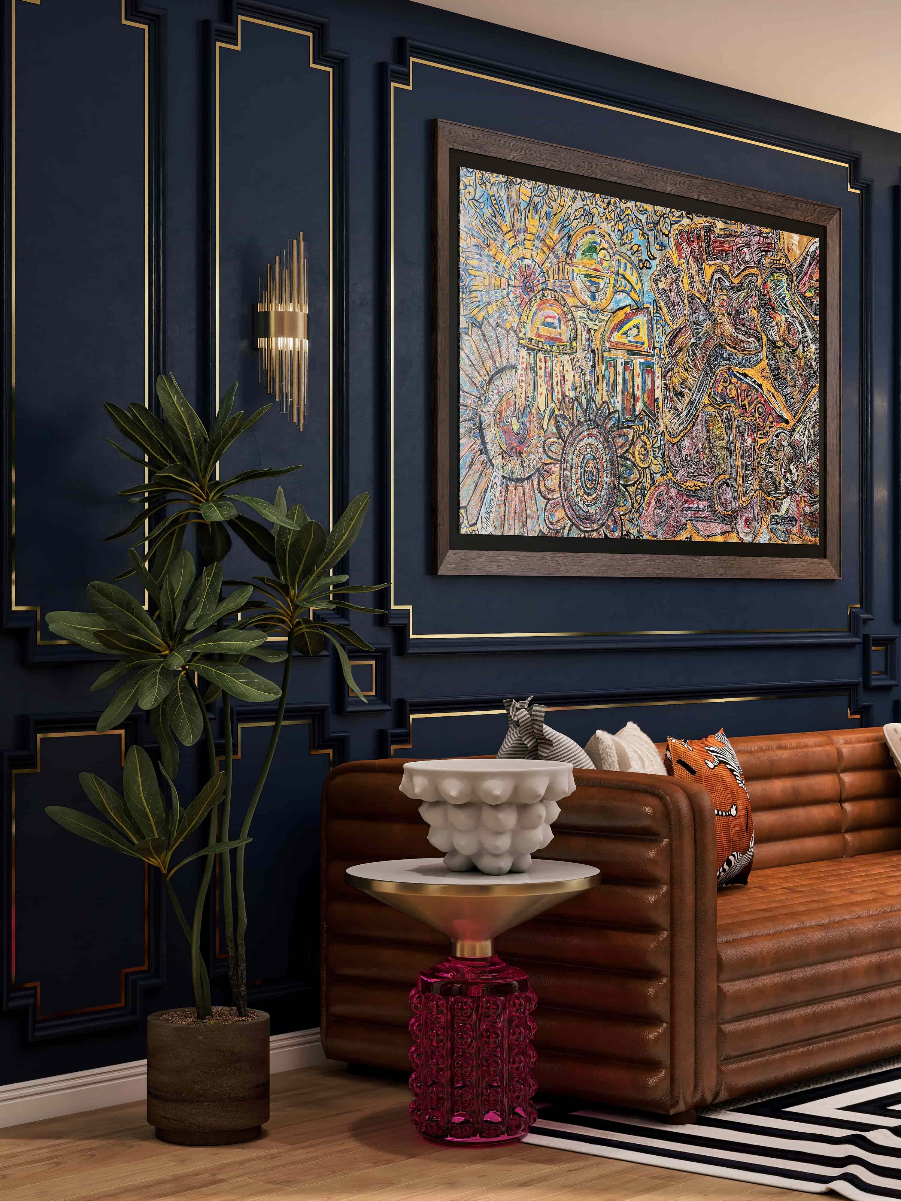 Interior rendering of a navy wainscot wall with a large abstract painting above a tan leather Chesterfield-style sofa, Hollywood Regency apartment, San Francisco