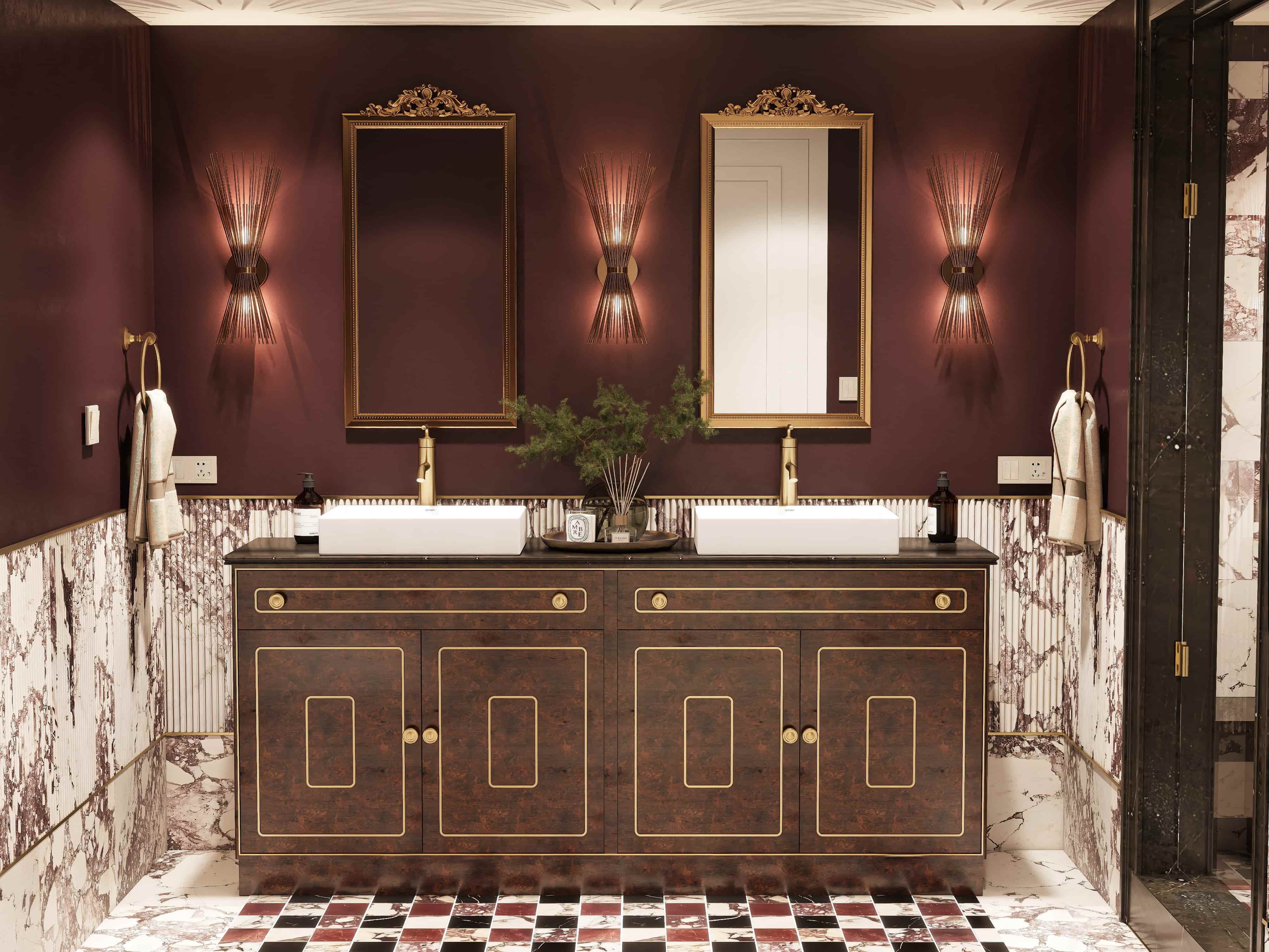 3D bathroom render with a burl wood double vanity, gilded mirrors, plum walls and Calacatta Viola marble with checkerboard floor, San Francisco apartment