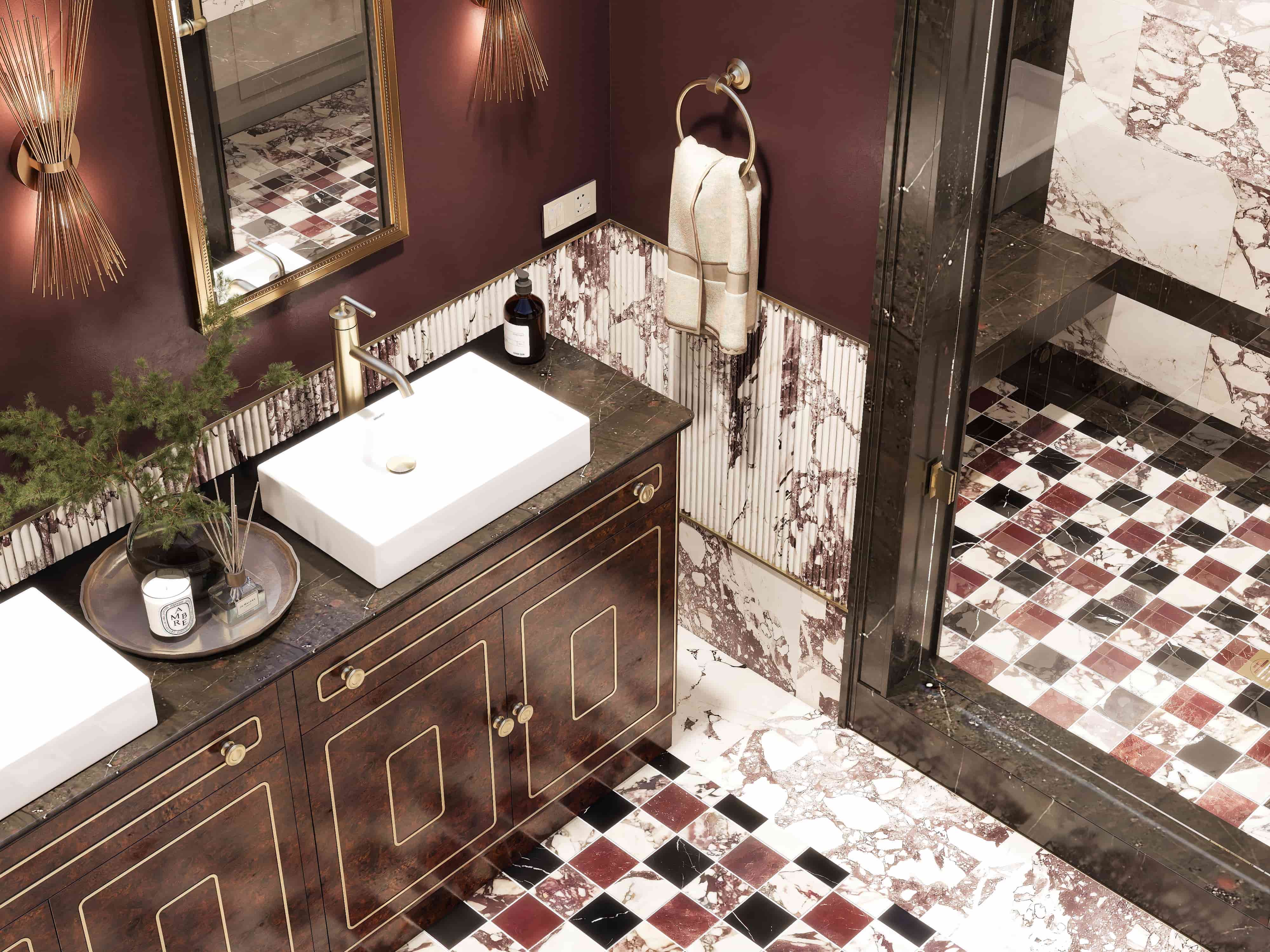 Overhead 3D render of a vessel sink on a burl vanity with gold hardware, plum and white checkerboard marble floor, Hollywood Regency bathroom