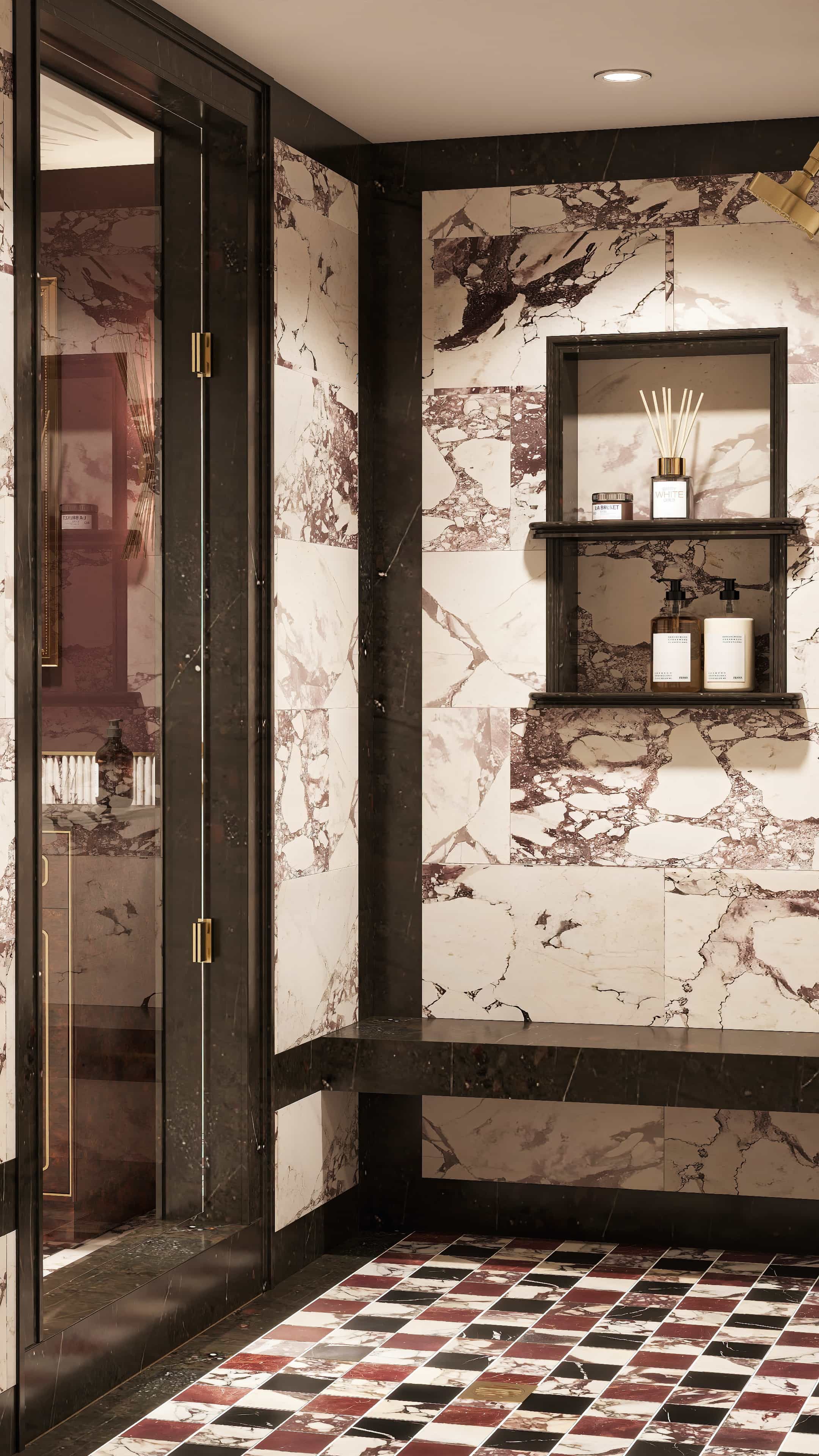 3D rendering of a marble-clad walk-in shower with recessed niche and bronze framed glass, eclectic San Francisco bathroom
