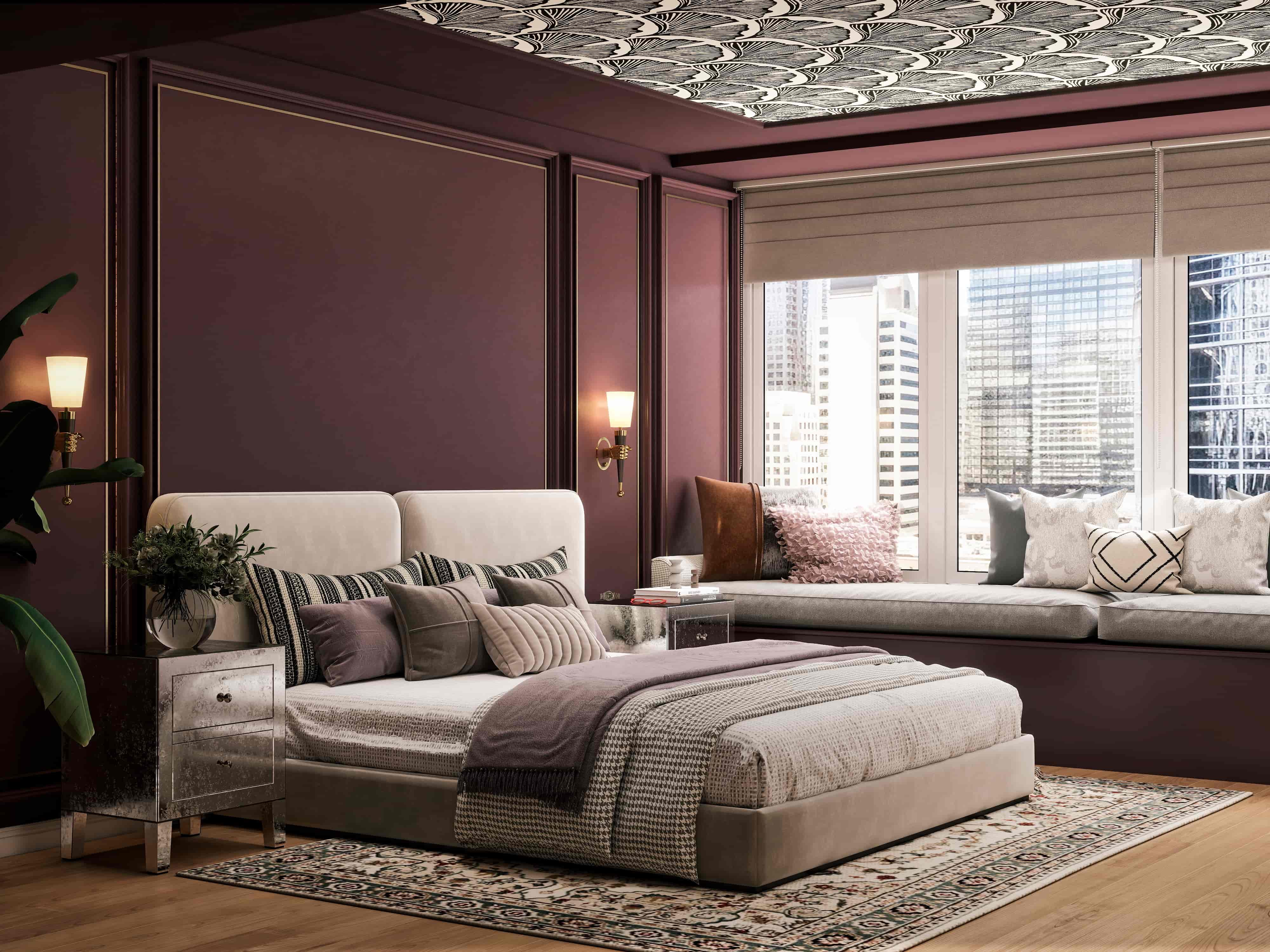 3D render of a plum panelled bedroom with upholstered bed, window seat overlooking the city and patterned ceiling, San Francisco apartment