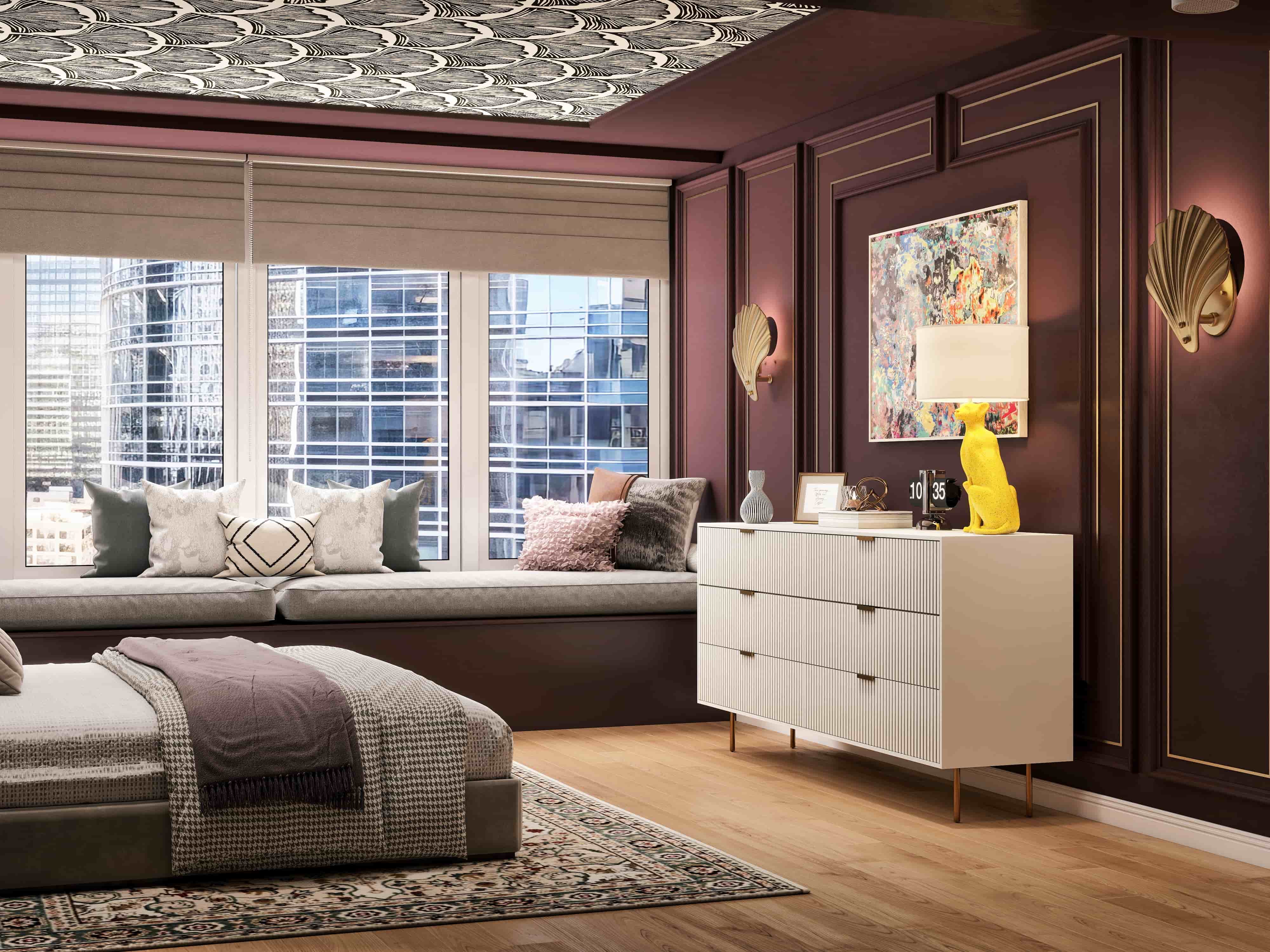 3D rendering of a bedroom window seat with cushions, white fluted dresser and gold shell sconces against plum walls, San Francisco