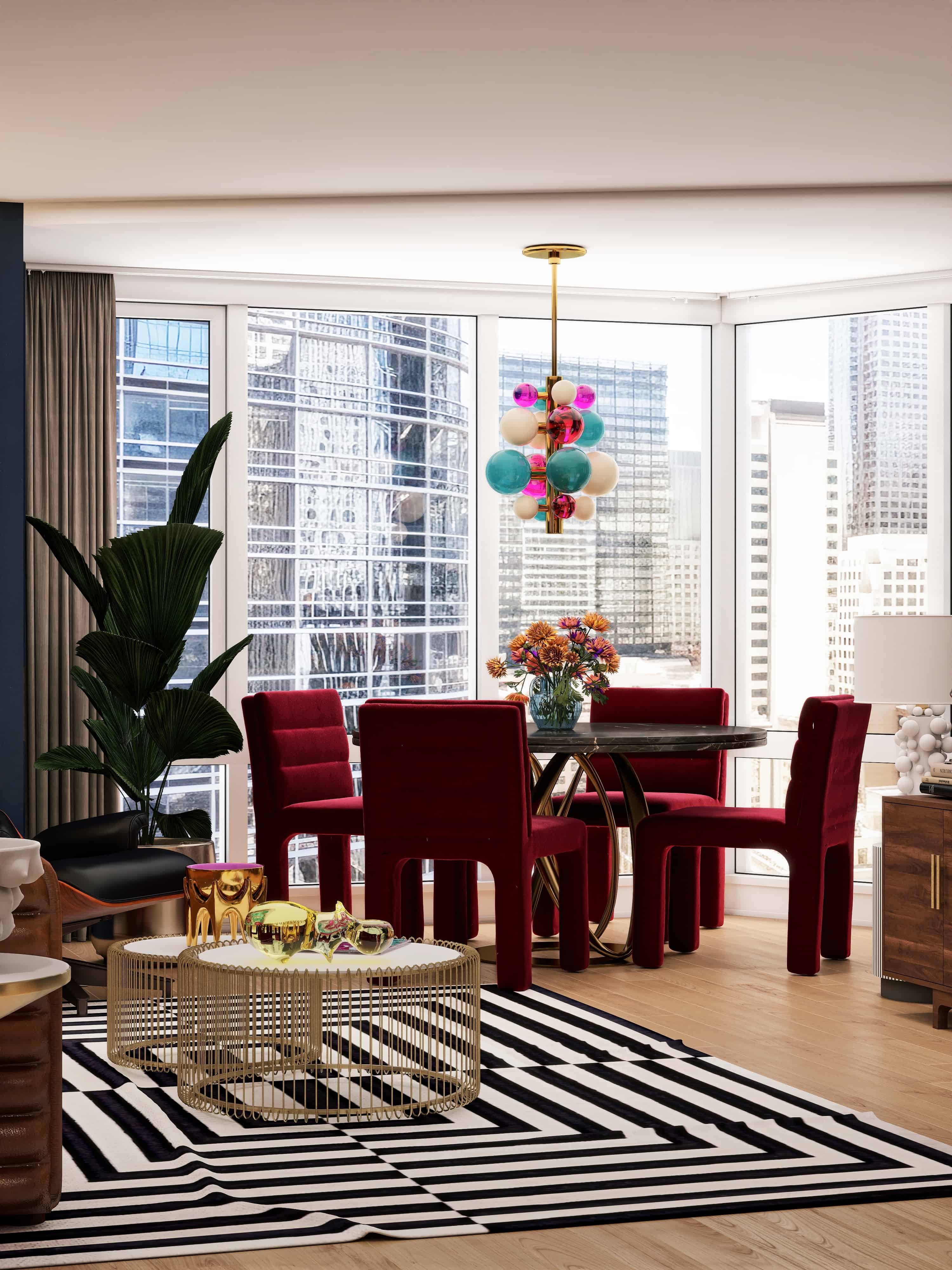 Hollywood Regency eclectic apartment interior design 3D render San Francisco maximalist navy gold burgundy brass marble Fiverr Design Award 2026 Studio 5