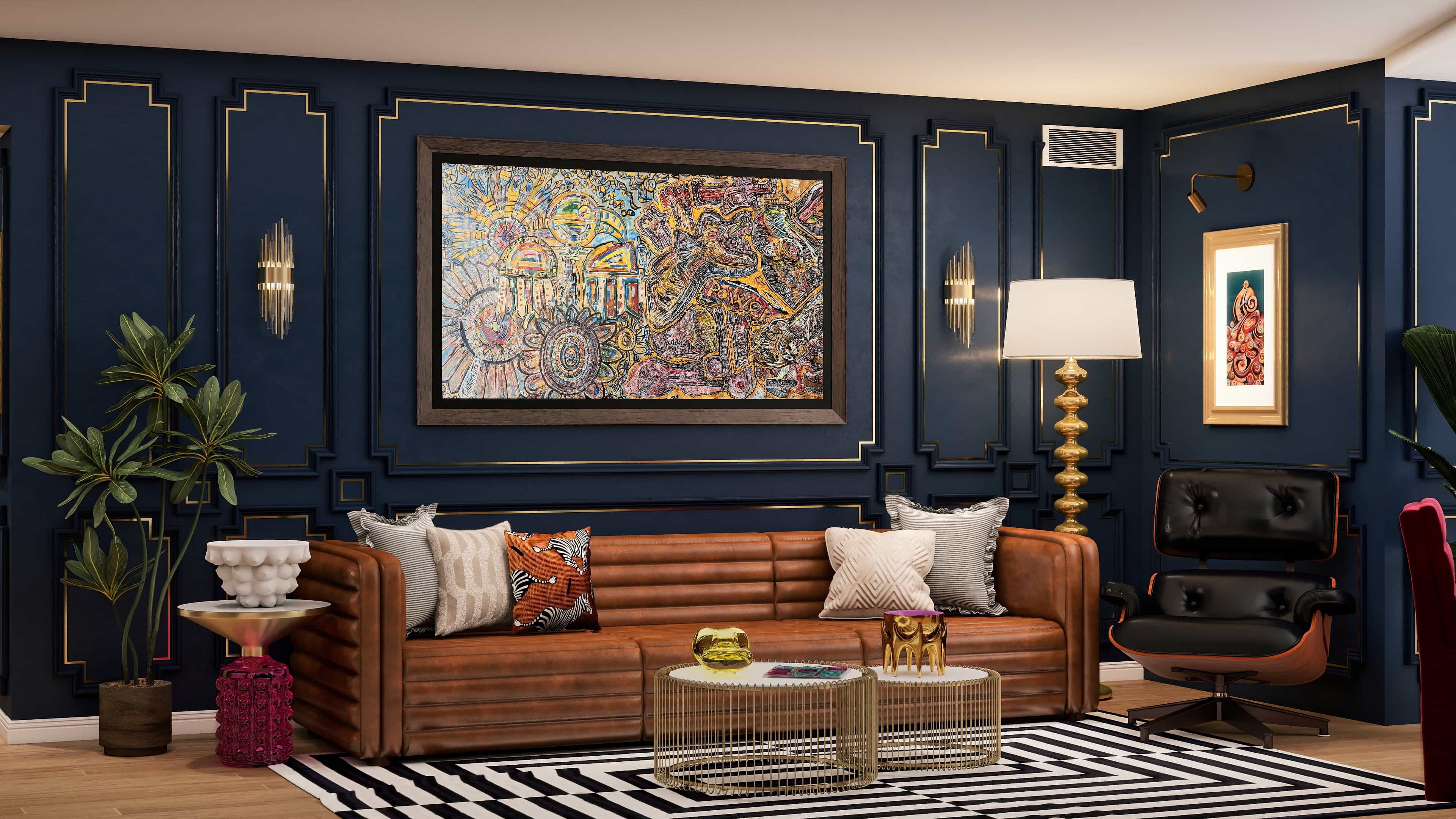 Hollywood Regency eclectic apartment interior design 3D render San Francisco maximalist navy gold burgundy brass marble Fiverr Design Award 2026 Studio 5