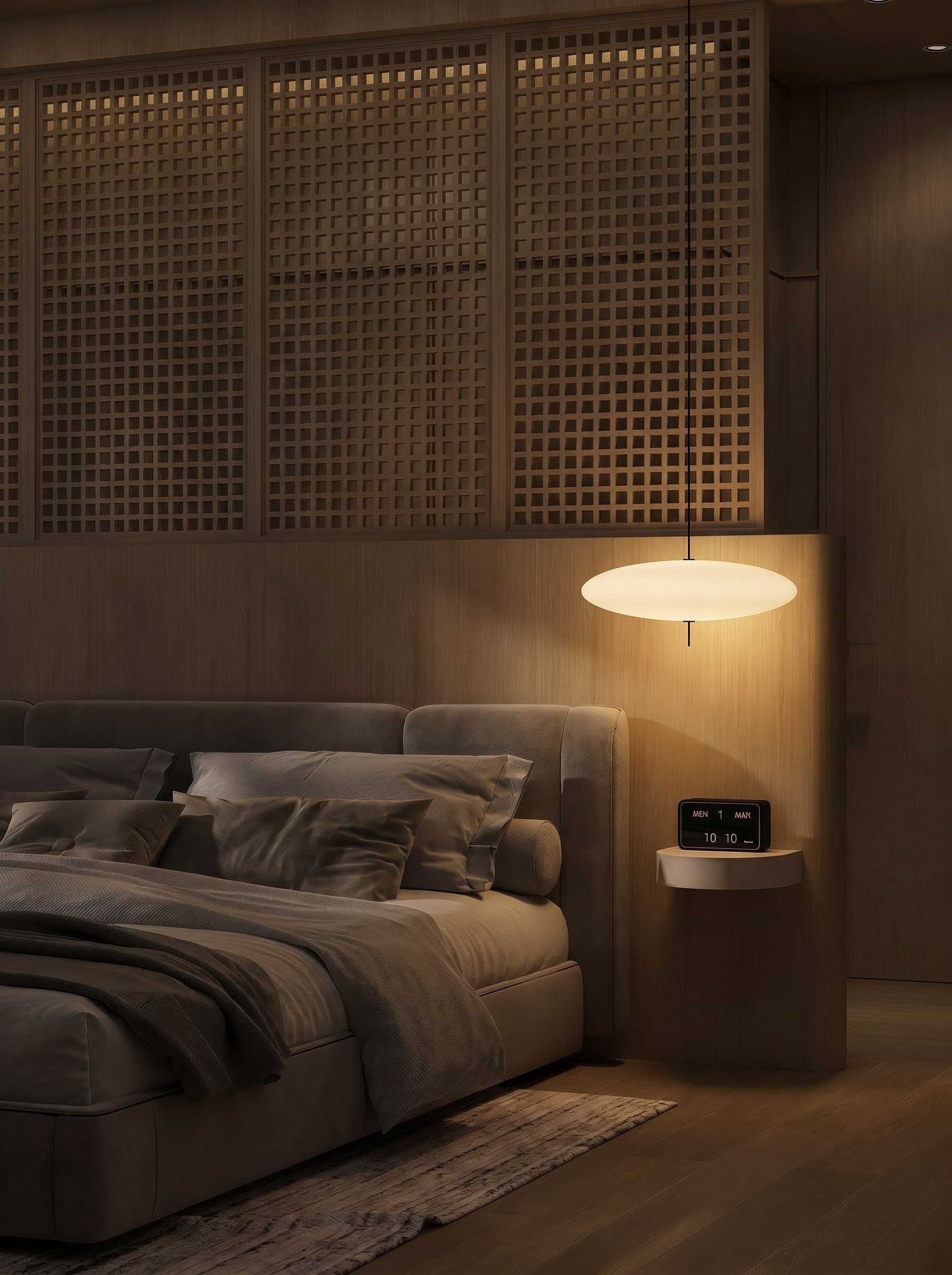 luxury minimalist bedroom nightstand with pendant lamp sleeping room 3d rendering
