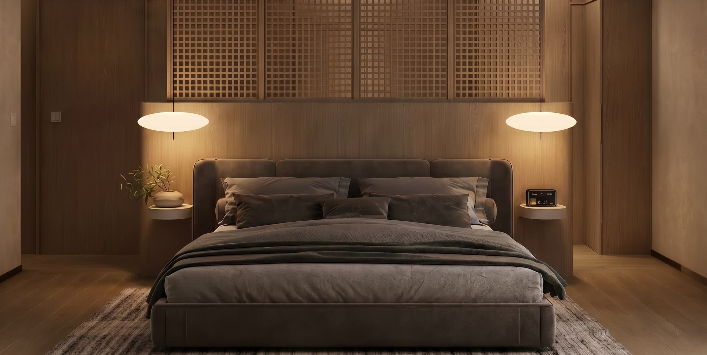 architectural visualization japandi bedroom with wooden flooring pendant lamps